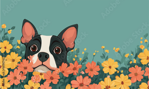 Curious Boston Terrier peeking from vibrant floral meadow, bringing joy and charm to any design