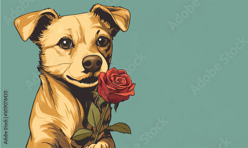 Adorable dog offers a vibrant red rose with heartfelt affection and charm