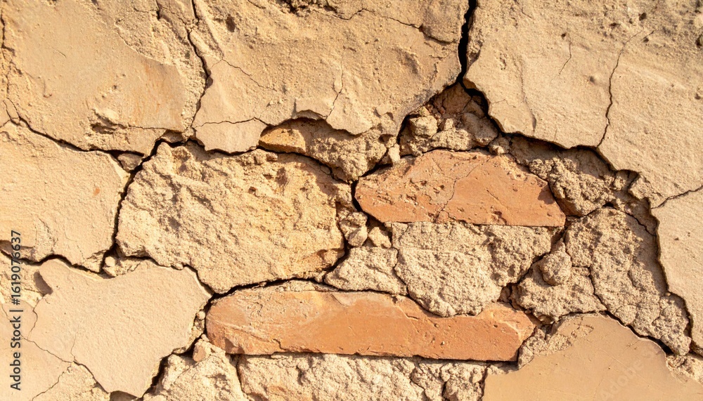 Fototapeta premium Cracked Plastered Wall Texture with Exposed Brick in Warm Sunlight Background