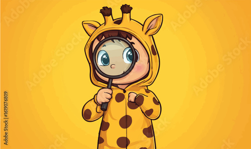 Curious child in giraffe costume with magnifying glass explores, sparking wonder and discovery