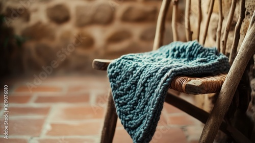 Wallpaper Mural Twig chair still life with chunky crochet throw on terracotta floor   Torontodigital.ca