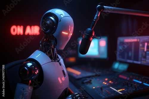 Ai robot podcasting on air in studio with microphone and audio mixing console setup