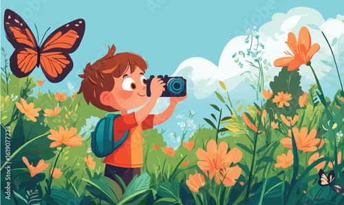 Curious child captures nature's beauty, photographing butterflies and flowers in a vibrant meadow
