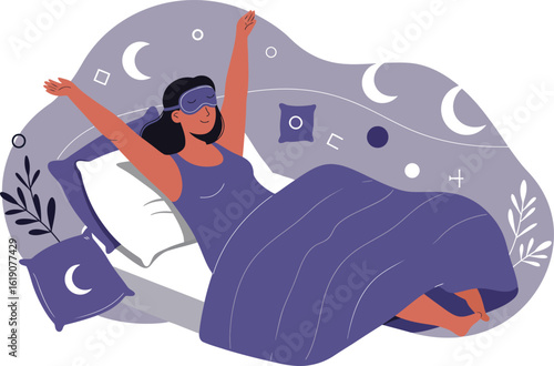 Woman waking up stretching in bed surrounded by dreamy moon and stars illustration in purple tones 