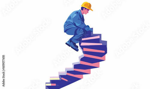 Worker in hard hat climbing colorful stairs representing career growth and progress