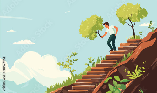 Man climbing stairs through nature, reaching for new heights and growth