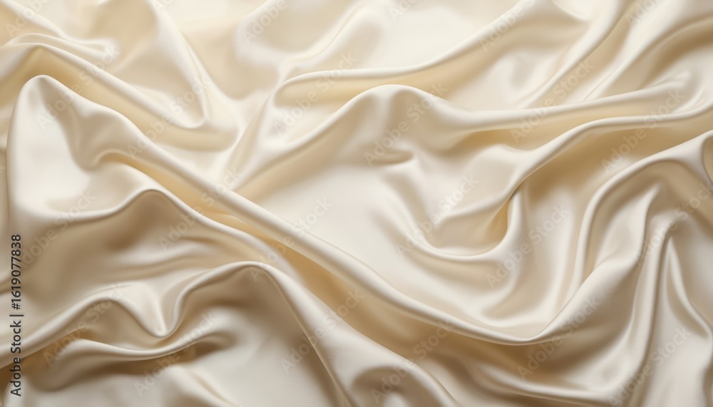 Fototapeta premium Luxurious flowing silk fabric in soft cream color exhibits smooth, elegant texture with gentle waves, folds. Textile satin finish, embodying luxury, sophisticated design suitable for high-end
