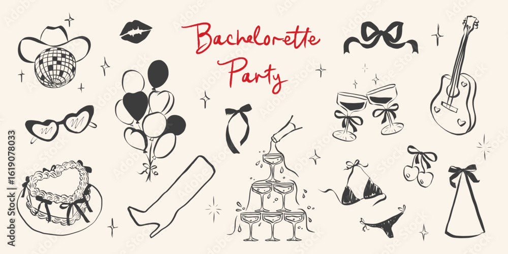 Fototapeta premium Birthday party set in hand drawn coquette style. Whimsical chalk doodles for girls bachelorette. Crayon drawing for menus and invitations. Doodle aesthetic vector illustration