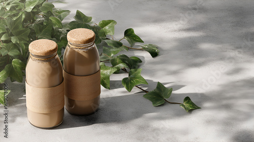 Two bottles of tan liquid stand amidst green ivy on a textured gray surface, evoking natural refreshment.