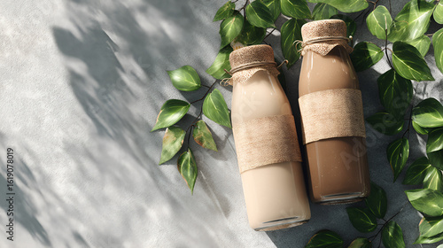 Two glass bottles of beverages, adorned with burlap and leaves, on a textured gray surface in sunlight.
