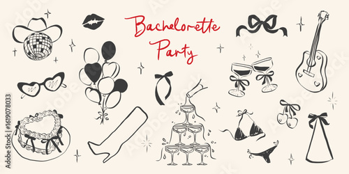 Birthday party set in hand drawn coquette style. Whimsical chalk doodles for girls bachelorette. Crayon drawing for menus and invitations. Doodle aesthetic vector illustration