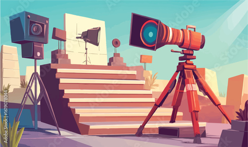 Dynamic film set preparation with professional cameras and lighting ready for action
