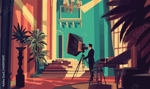 Professional photographer captures cinematic scene in opulent vintage studio setting