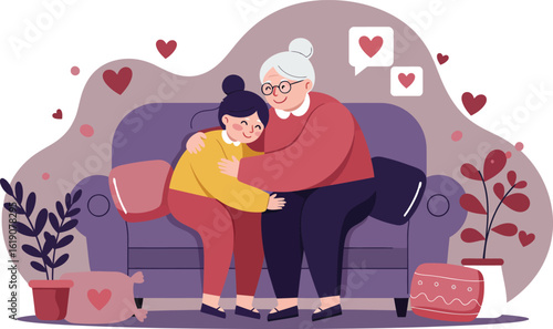 Grandmother hugging granddaughter on couch celebrating love and family bond for Mothers Day occasion vector illustration 