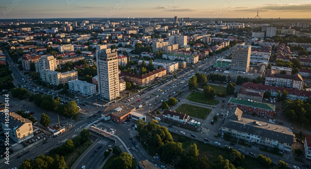 Fototapeta premium an aerial view of a city at sunset