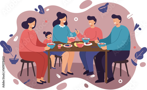 Family enjoying meal together at dining table vector illustration showing people sharing food and socializing 