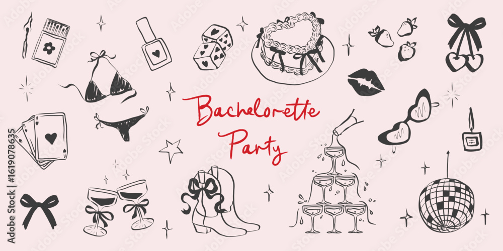 Fototapeta premium Birthday party set in hand drawn coquette style. Whimsical chalk doodles for girls bachelorette. Crayon drawing for menus and invitations. Doodle elegance vector illustration