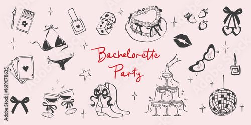 Birthday party set in hand drawn coquette style. Whimsical chalk doodles for girls bachelorette. Crayon drawing for menus and invitations. Doodle elegance vector illustration