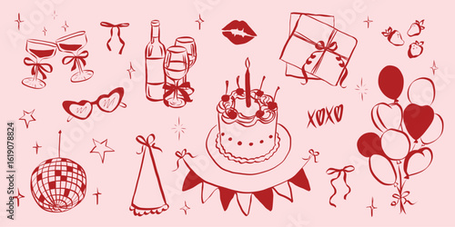 Birthday party set in hand drawn coquette style. Whimsical chalk doodles for girls bachelorette. Crayon drawing for menus and invitations. Doodle trendy vector illustration