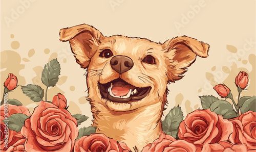Joyful dog with big smile surrounded by vibrant coral roses, radiating happiness and warmth