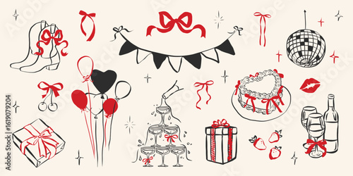 Birthday party set in hand drawn coquette style. Whimsical chalk doodles for girls bachelorette. Crayon drawing for menus and invitations. Doodle sketch vector illustration