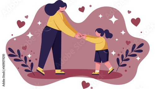 Mother and child holding hands with hearts around in loving family moment vector illustration 