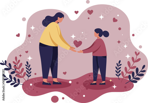 Mother and child holding hands with heart shapes around in loving family moment vector illustration 