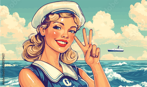 Joyful retro pin-up sailor girl makes peace sign near boat at sea
