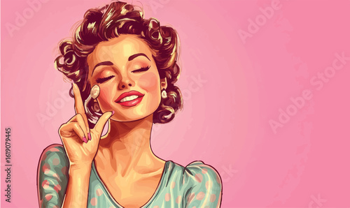 Glamorous retro woman feeling pampered applying makeup with a soft touch