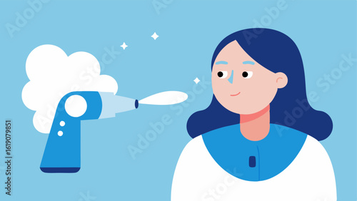 Cryotherapy Device An illustration of a handheld cryotherapy device emitting a cool mist positioned near the clients face emphasizing its gentle touch.