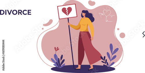 Woman holding broken heart sign symbolizing divorce and relationship breakup concept vector illustration 