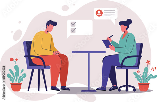 Two people having a meeting in an office setting with plants and documents on the wall vector illustration 