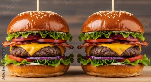 Image features a symmetrical layout of two identical gourmet cheeseburgers placed side by side on a wooden surface. Each burger is constructed with a glossy, sesame-seed-topped brioche bun. The layers