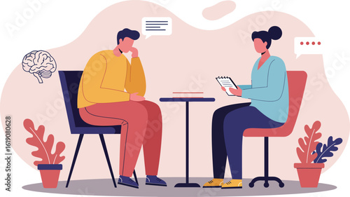 Two people sitting face to face talking with speech bubbles in a casual meeting vector illustration 