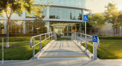 Modern Building Entrance with Accessible Ramp and Wheelchair Symbol Emphasizing Inclusion and