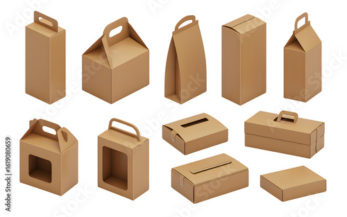 Diverse collection of modern cardboard packaging boxes with handles and window cutouts for easy transport and display