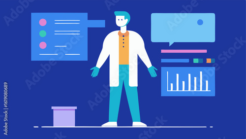 Analysis in Progress A medical technologist in a lab coat analyzing a 3D body scan on a large monitor with features such as graphs and charts illustrating health data.
