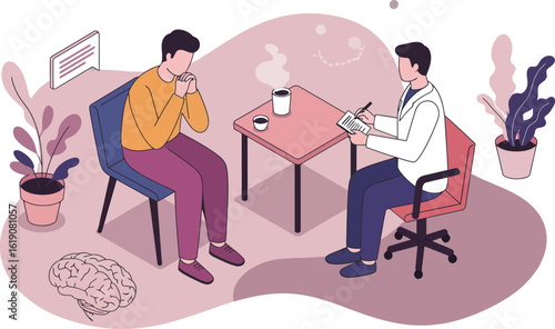 Psychologist and patient consultation session in office vector illustration with plants and furniture in soft pastel colors 