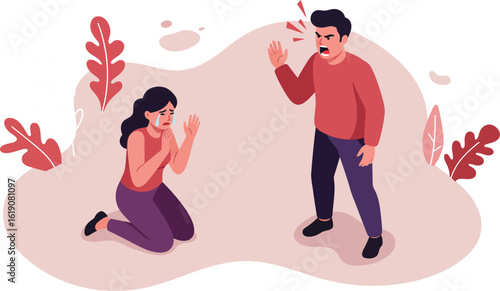 Man yelling at woman kneeling in emotional conflict vector illustration with red tones natural scene 