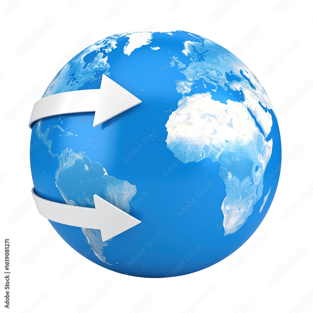 Naklejka premium Global communication concept with arrows circling a planet isolated on a transparent background.