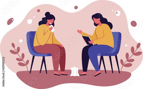 Woman comforting friend during emotional talking session in cozy indoor setting vector illustration 