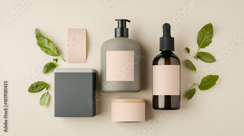 Elegant cosmetic product presentation with natural leaf accents on a muted neutral background.