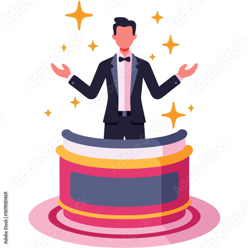 Male Show Host or Presenter in Tuxedo at Podium with Sparkles