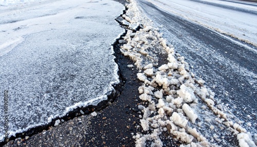 Icy Snow Covered Asphalt Road After a Winter Storm in Grey Tones Detailed Close Up