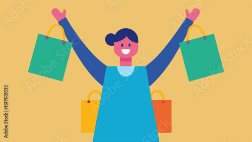Empowered Consumer A character captures the essence of empowerment with arms raised high each hand holding a few colorful shopping bags. Their posture reflects strength and