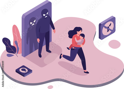 Woman escaping kidnapping attempt in home environment with shadowy figure chasing her vector illustration 