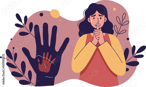 Woman showing silence gesture with hand and dark hand symbol representing silence concept vector illustration 