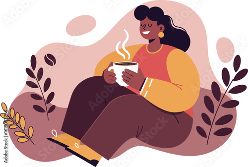 Woman enjoying hot coffee relaxing with warm colors in cozy environment vector illustration 