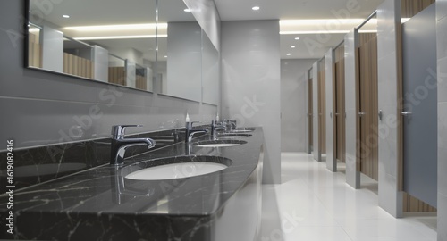 Sleek Modern Public Restroom Interior Design with Multiple Sinks Marble Countertops and Clean