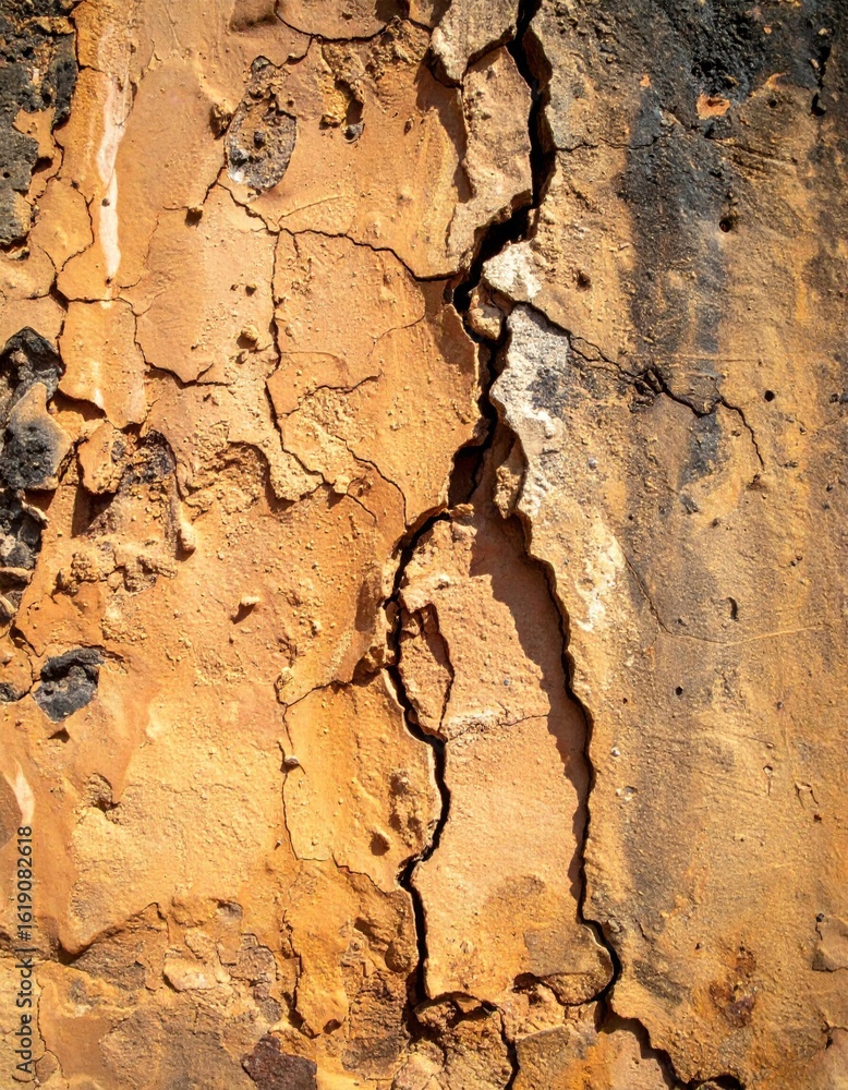 Fototapeta premium Cracked Orange and Black Plaster Wall Texture with Weathered Grunge Surface